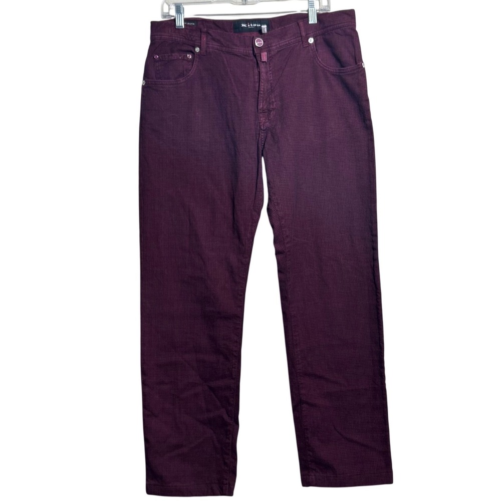 Kiton Napoli Mens Burgundy Micro Check Five Pocket Trousers Size 52 IT 36 US